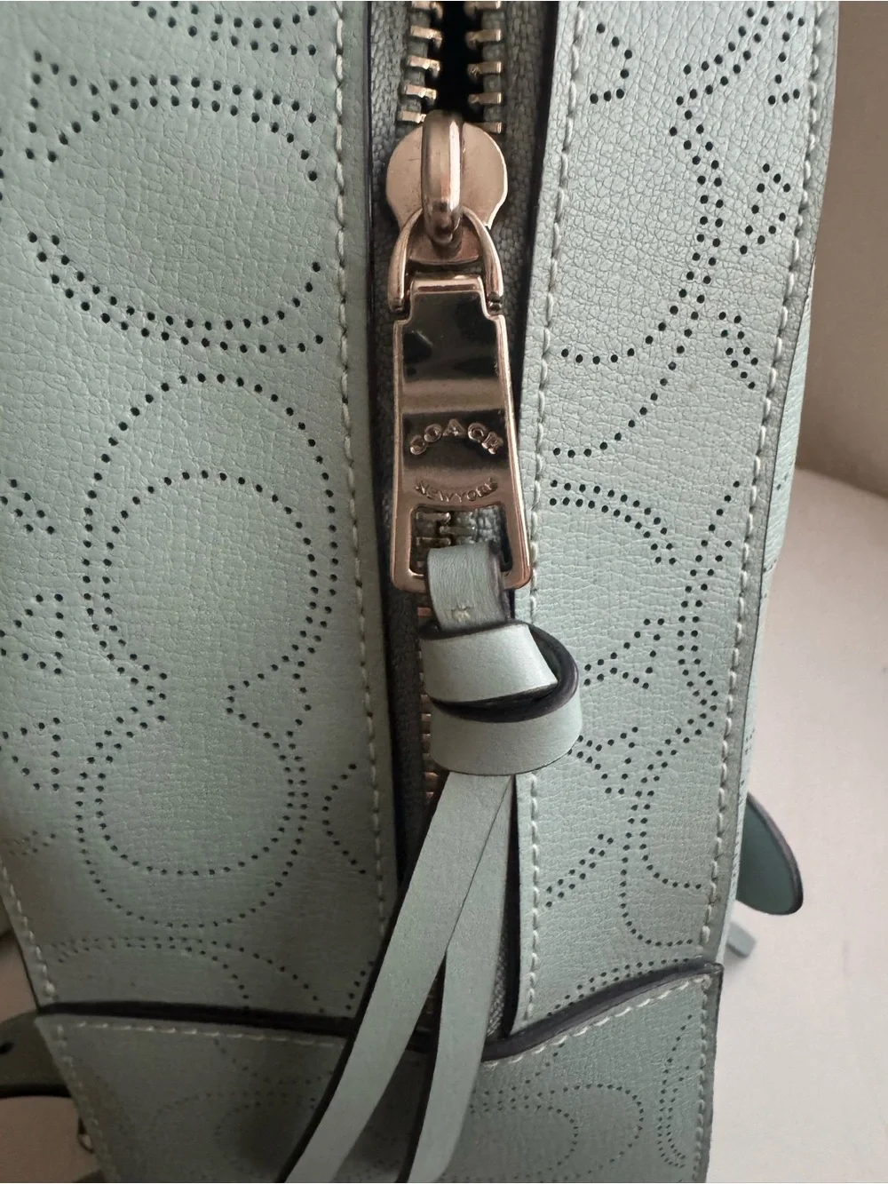 Coach Sage Green Perforated Signature Leather Backpack